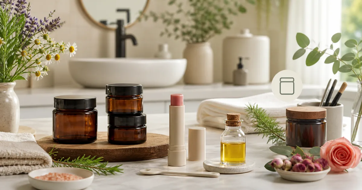 Ingredientes cosméticos naturales: manteca, aceites, plantas y tarros sobre superficie de madera