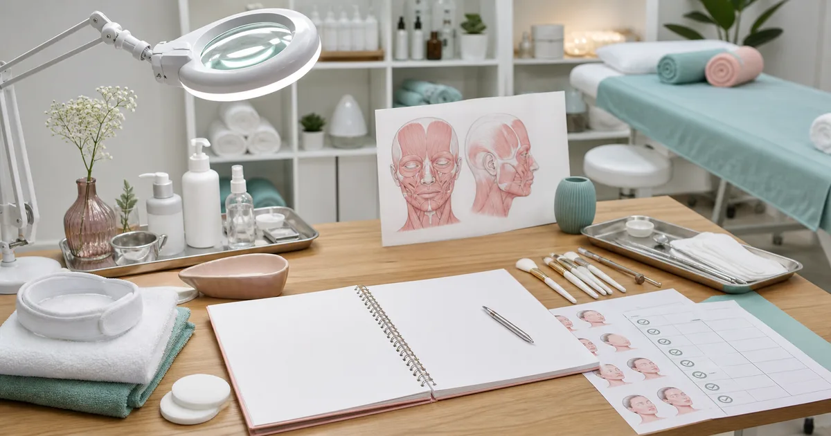 Persona comparando folletos de escuelas de estética sobre una mesa con material formativo